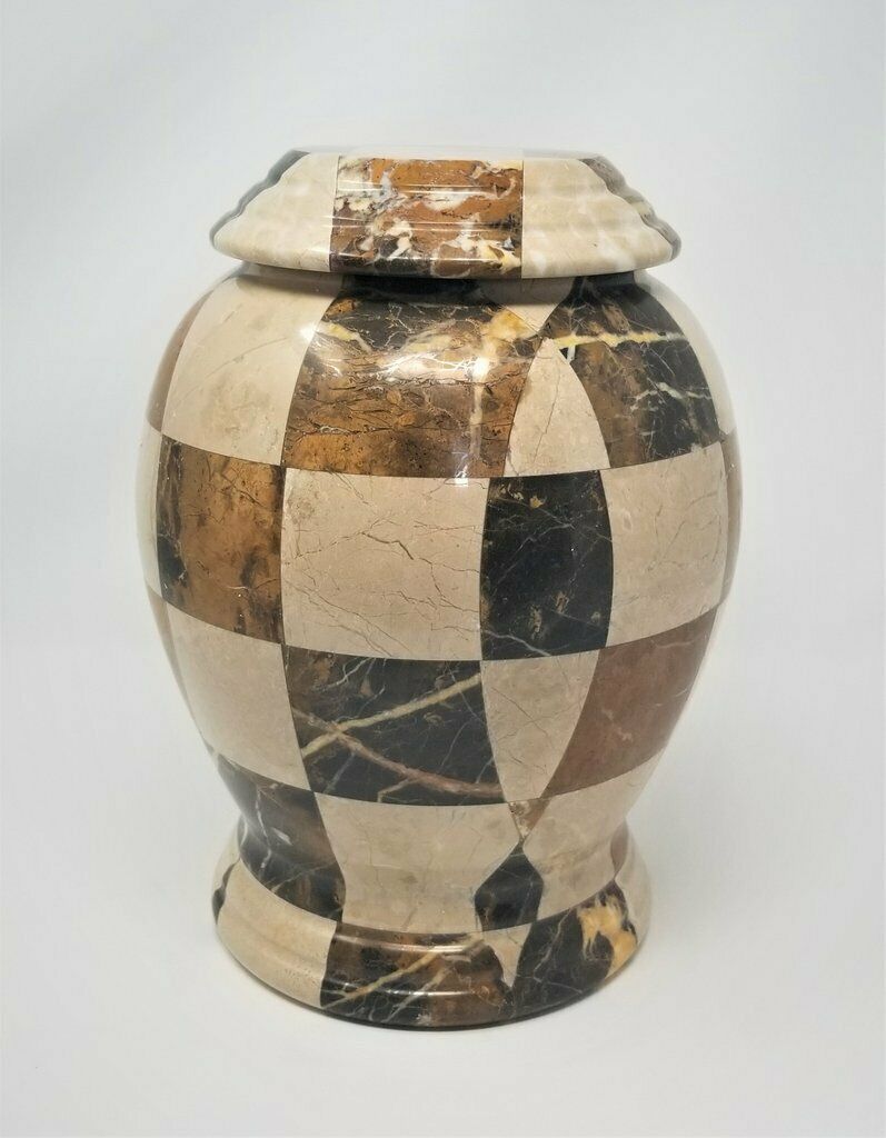 Large/Adult 210 Cu. Inch Wood Checked Kylix Natural Marble Funeral Cremation Urn