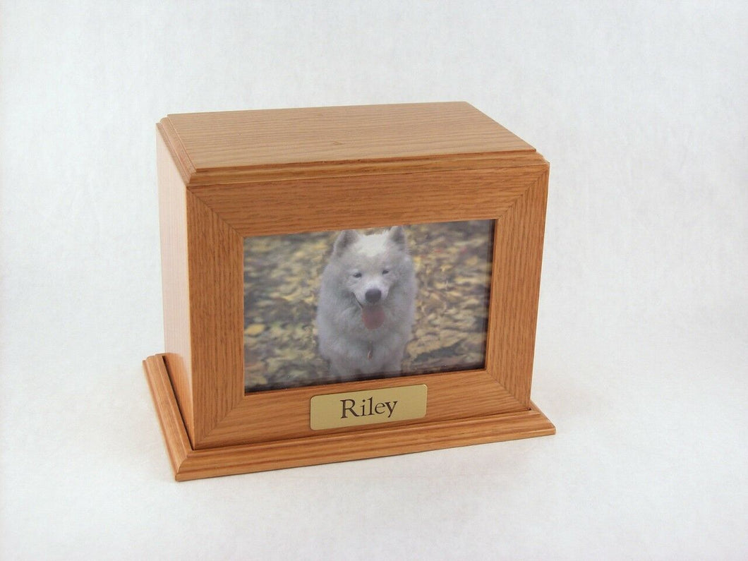 Large 104 Cubic Inches Oak Framed Photo Urn for Ashes with Engravable Nameplate