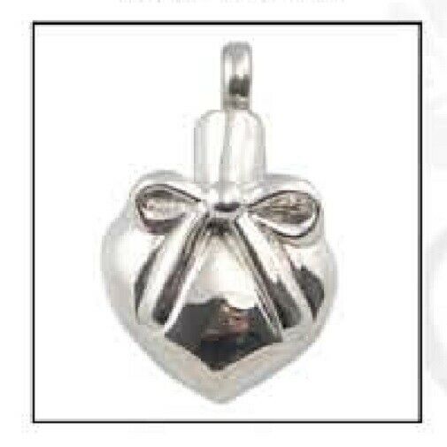 Heart with Ribbon Stainless Steel Funeral Cremation Urn Pendant w/Chain