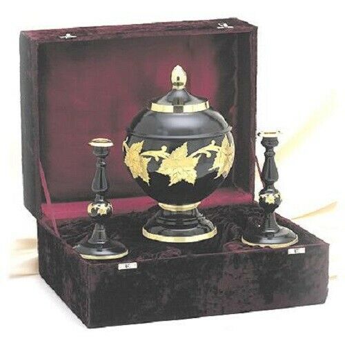 Black & Gold Color, Adult Brass Funeral Cremation Urn Set w. Box + Candlesticks