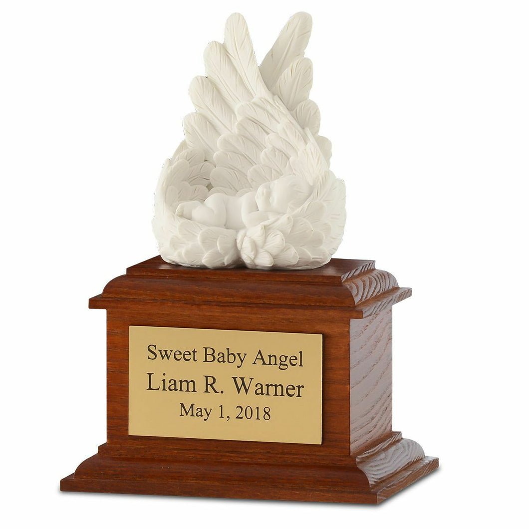 Small/Keepsake 8 Cubic Inch White Heavens Care Infant Cremation Urn w/Brown Base