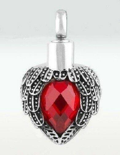 Stainless Steel Angel Wings Ruby Cremation Urn Pendant w/20-inch Necklace