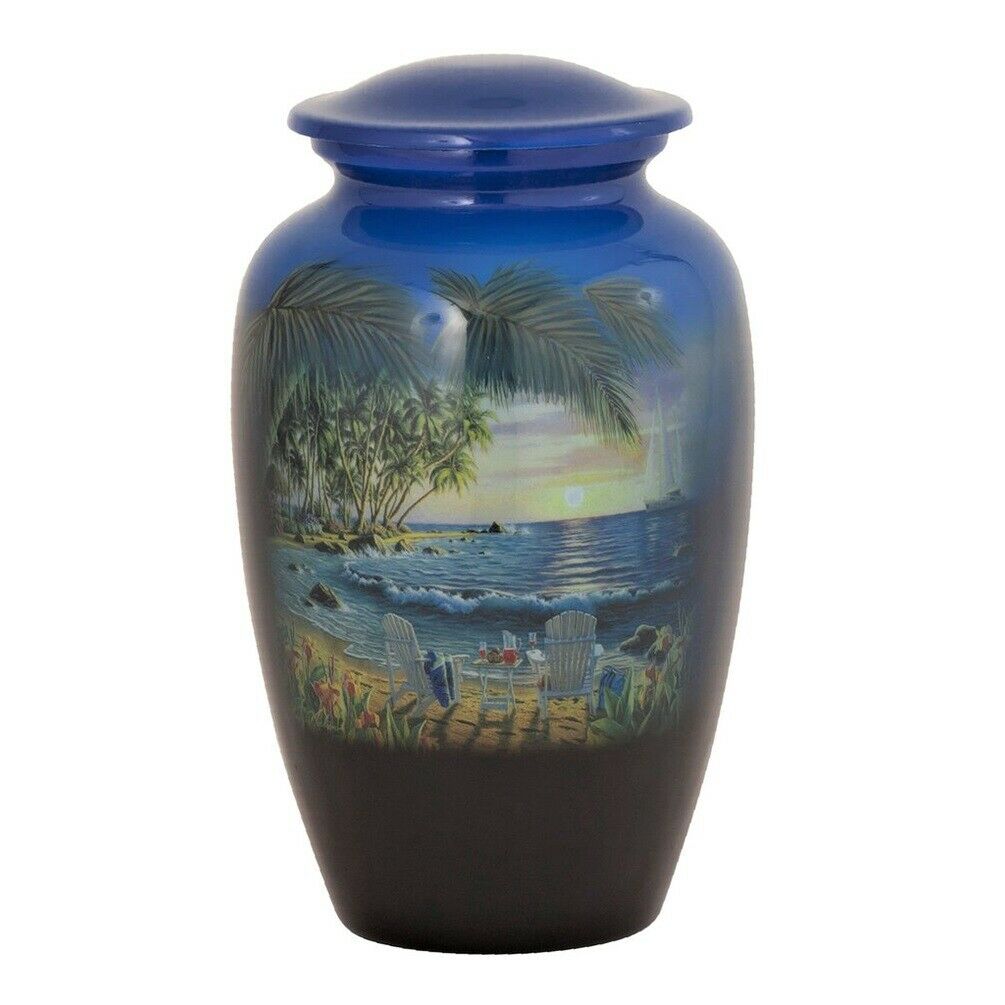 Large/Adult 210 Cubic Inch Metal Palm Trees at Beach Funeral Cremation Urn