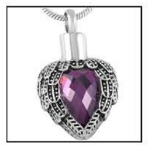 Purple Wing Heart Stainless Steel Funeral Cremation Urn Pendant w/Chain