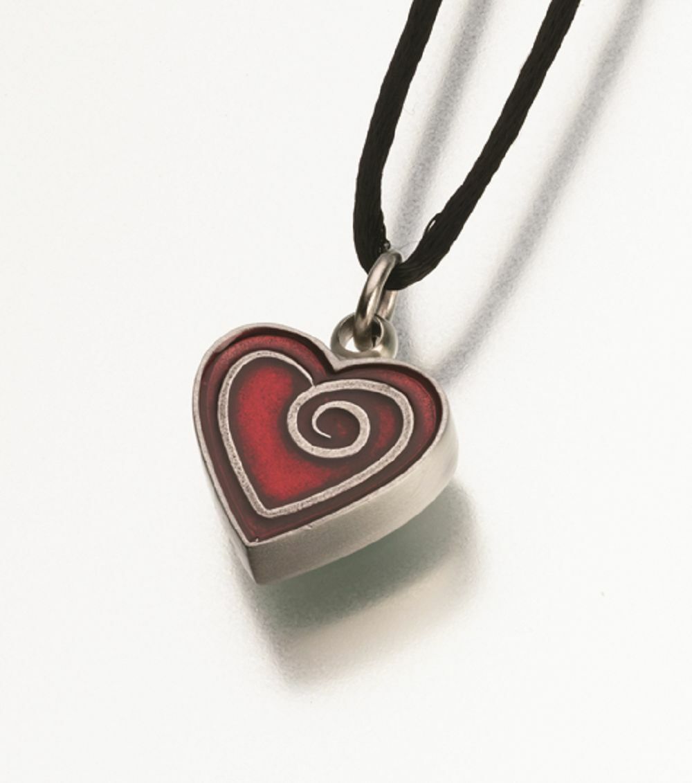 Pewter Heart w/ Red Enamel Spiral Memorial Jewelry Pendant Funeral Cremation Urn
