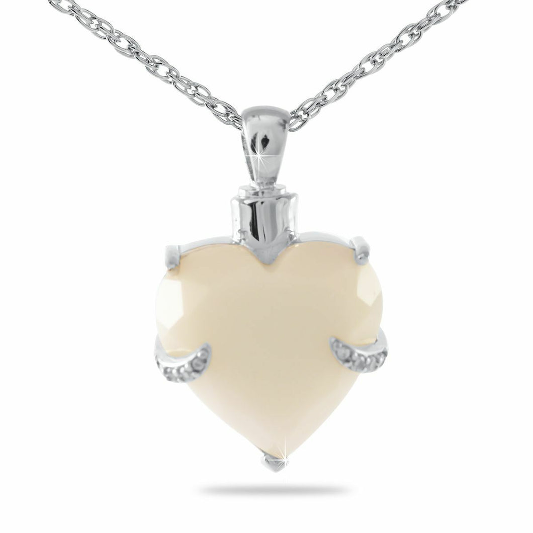 Stainless Steel White Heart Stone Pendant Funeral Cremation Urn w/necklace