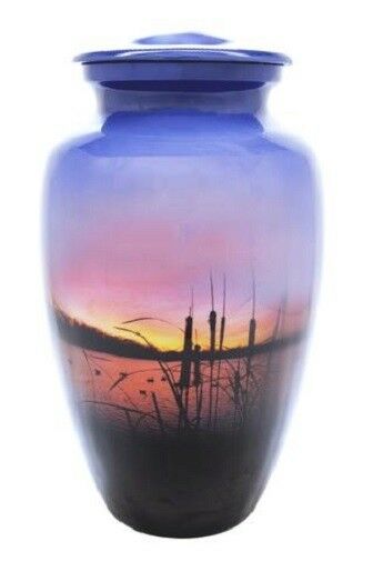 Large/Adult 200 Cubic Inch Sunrise over Water Aluminum Cremation Urn for Ashes