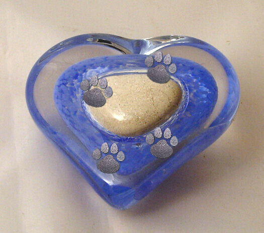 Small/Keepsake 2 Cubic Inch Blue Crystal Pawprint Heart Funeral Cremation Urn