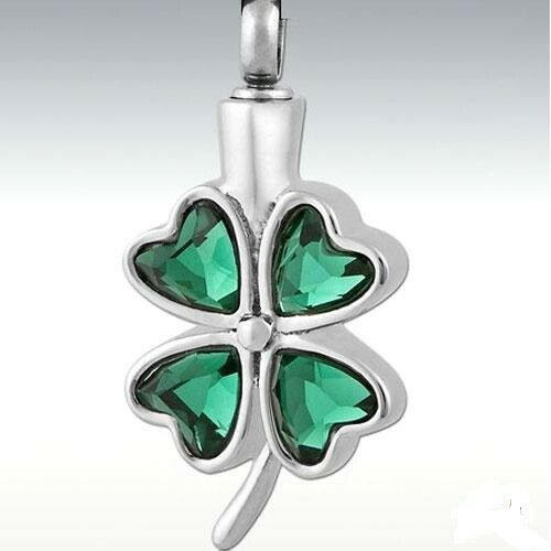 Stainless Steel Green Glass Clover Shamrock Funeral Cremation Urn Pendant