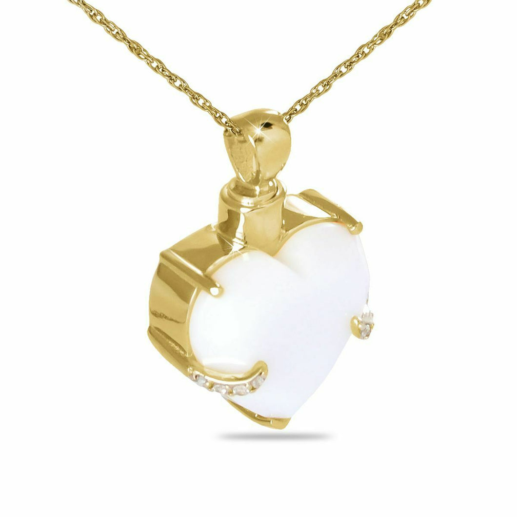 10K Gold White Crystal Heart Pendant/Necklace Funeral Cremation Urn for Ashes