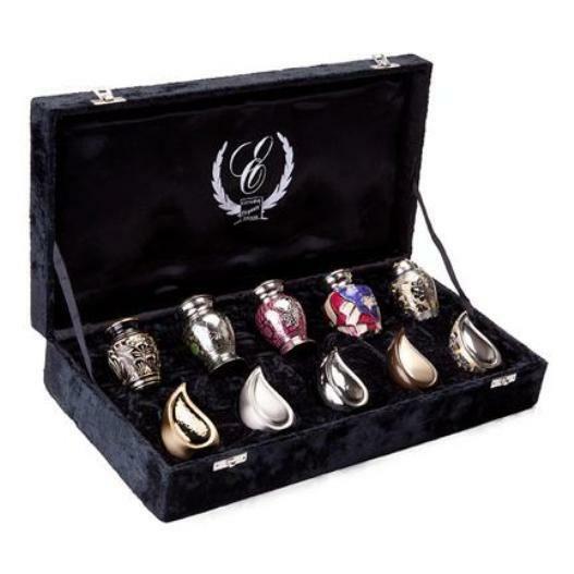 Set of 10 Funeral Cremation Urn Keepsakes for Ashes with Velvet Display Box