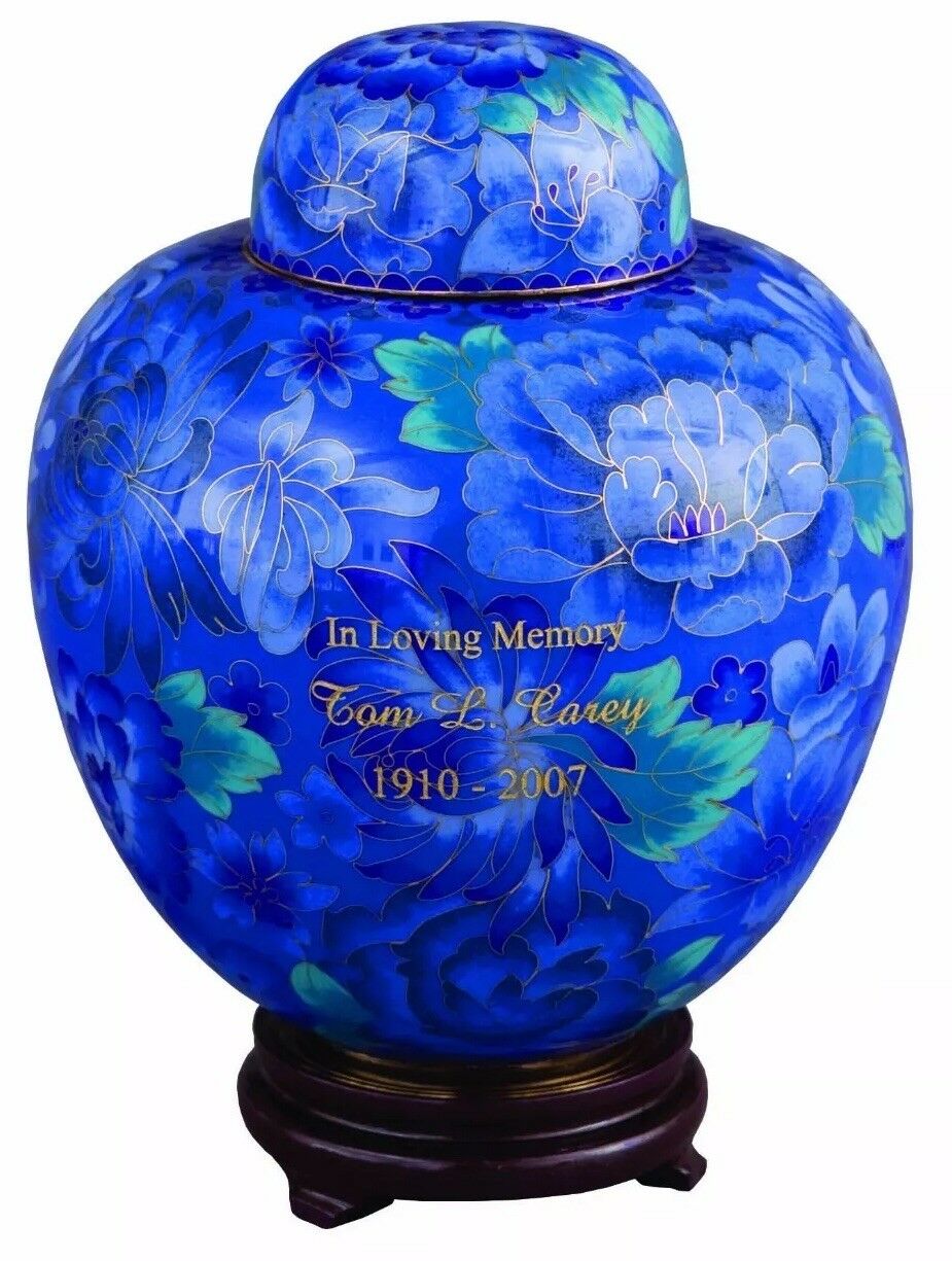 Large/Adult 210 cubic inches Azure Blue Cloisonne Cremation Urn with Flowers