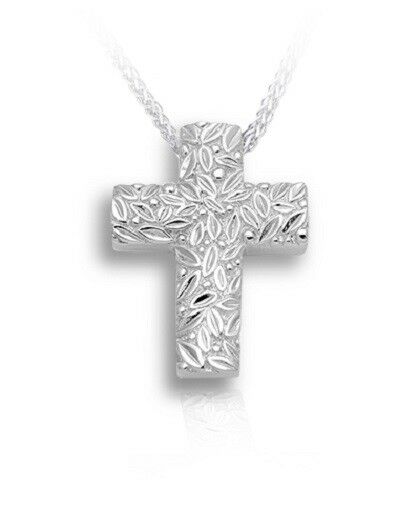Sterling Silver Leaves & Berries Cross Funeral Cremation Urn Pendant with Chain