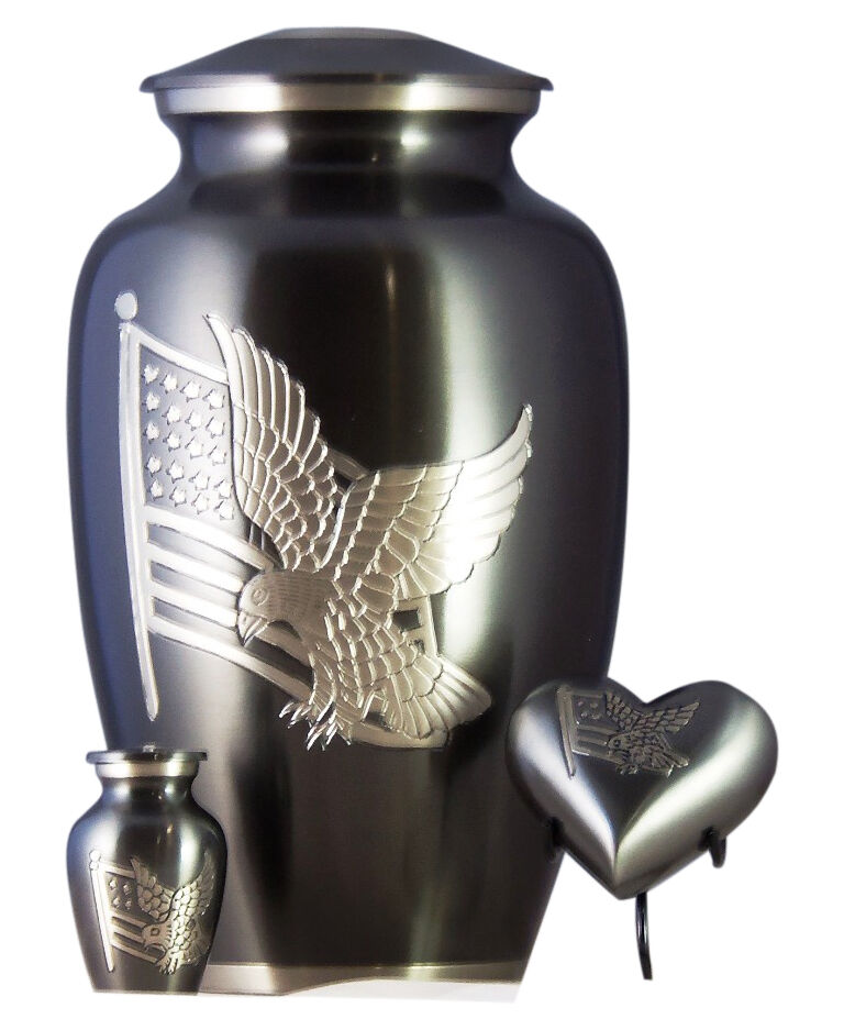 American Flag Aluminum Cremation Urn For Ashes Set of 3 - Adult, Keepsake, Heart
