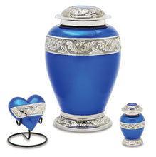 Load image into Gallery viewer, Berkshire Set of 3 - Adult, Keepsake, Heart - Blue &amp; Silver Cremation Urns
