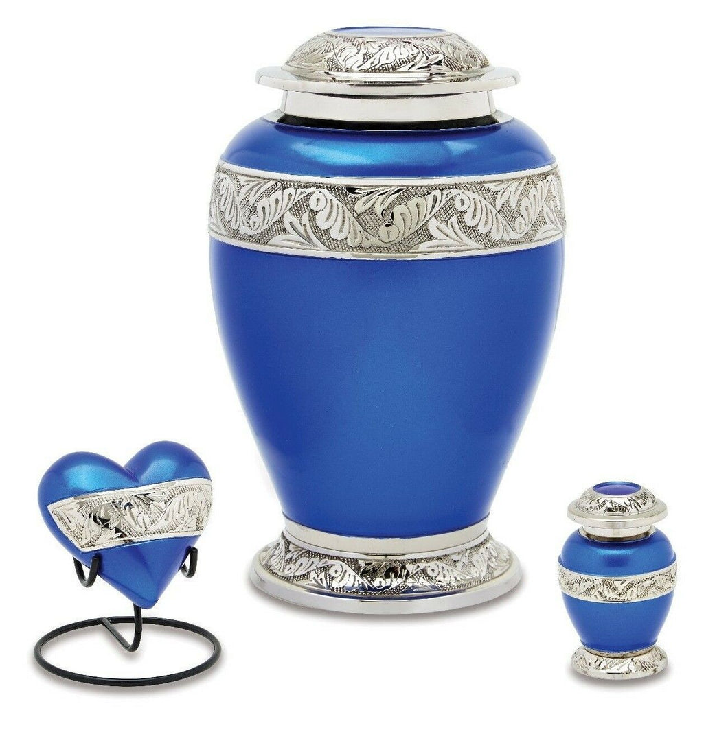 Berkshire Set of 3 - Adult, Keepsake, Heart - Blue & Silver Cremation Urns