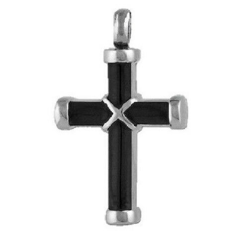 Stainless Steel Black & Silver Cross Cremation Urn Pendant w/20-inch Necklace