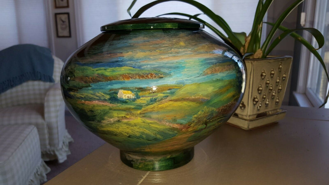 Hand Painted Wood Adult Ireland Landscape Funeral Cremation Urn,225 Cubic Inches