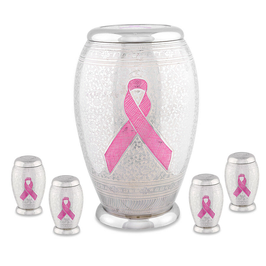 Pink Cancer Ribbon Funeral Cremation Urn Set of Large / Adult and Four Keepsakes