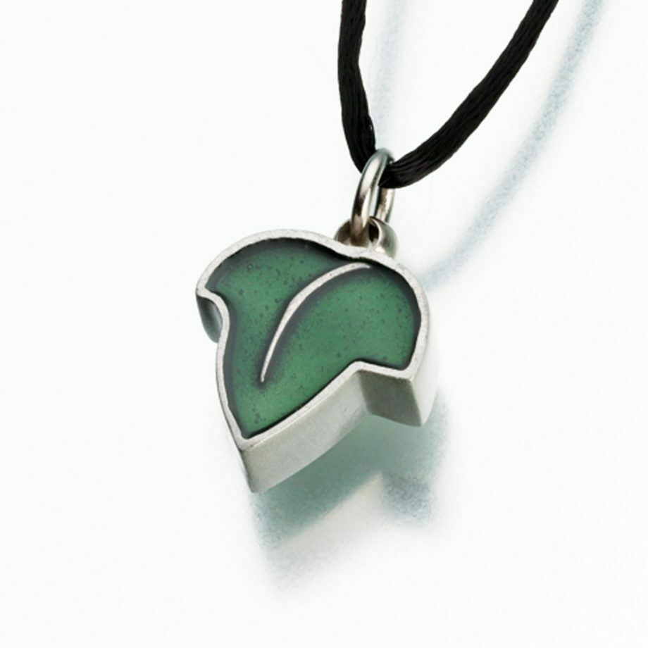 Pewter Leaf with Green Enamel Memorial Jewelry Pendant Funeral Cremation Urn