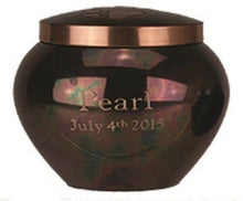 Load image into Gallery viewer, Engraved 80 Cubic Inches Teal Raku Brass Pawprint Pet Urn Jar Cremation Ashes
