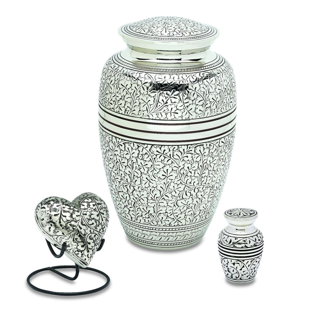 Antique Silver Set of 3 - Adult, Keepsake, Heart - Cremation Urns for Ashes
