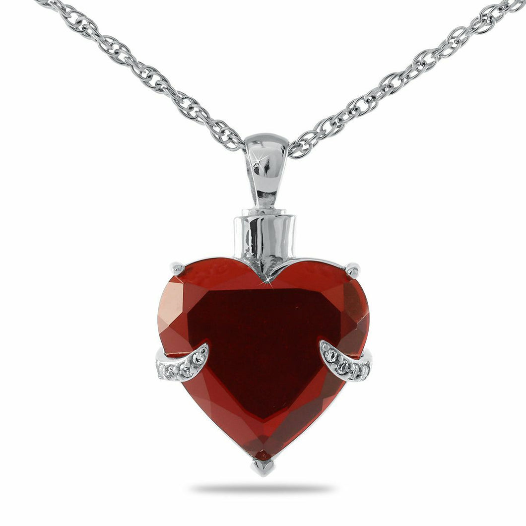 Stainless Steel Red Heart Stone Pendant Funeral Cremation Urn w/necklace