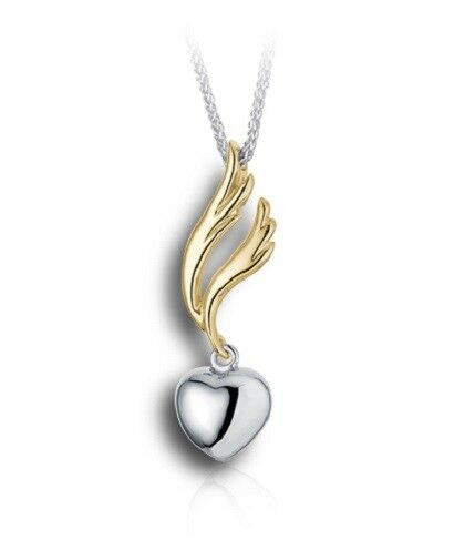 Sterling Silver & 10kt Gold Angel Wing & Heart Cremation Urn Pendant w/Chain