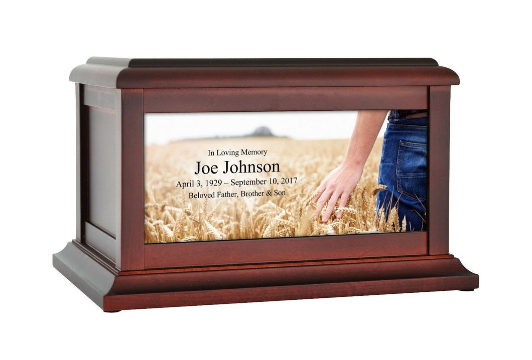 Large/Adult 200 Cubic Inch Wheat Crop Wood Photo Funeral Cremation Urn for Ashes