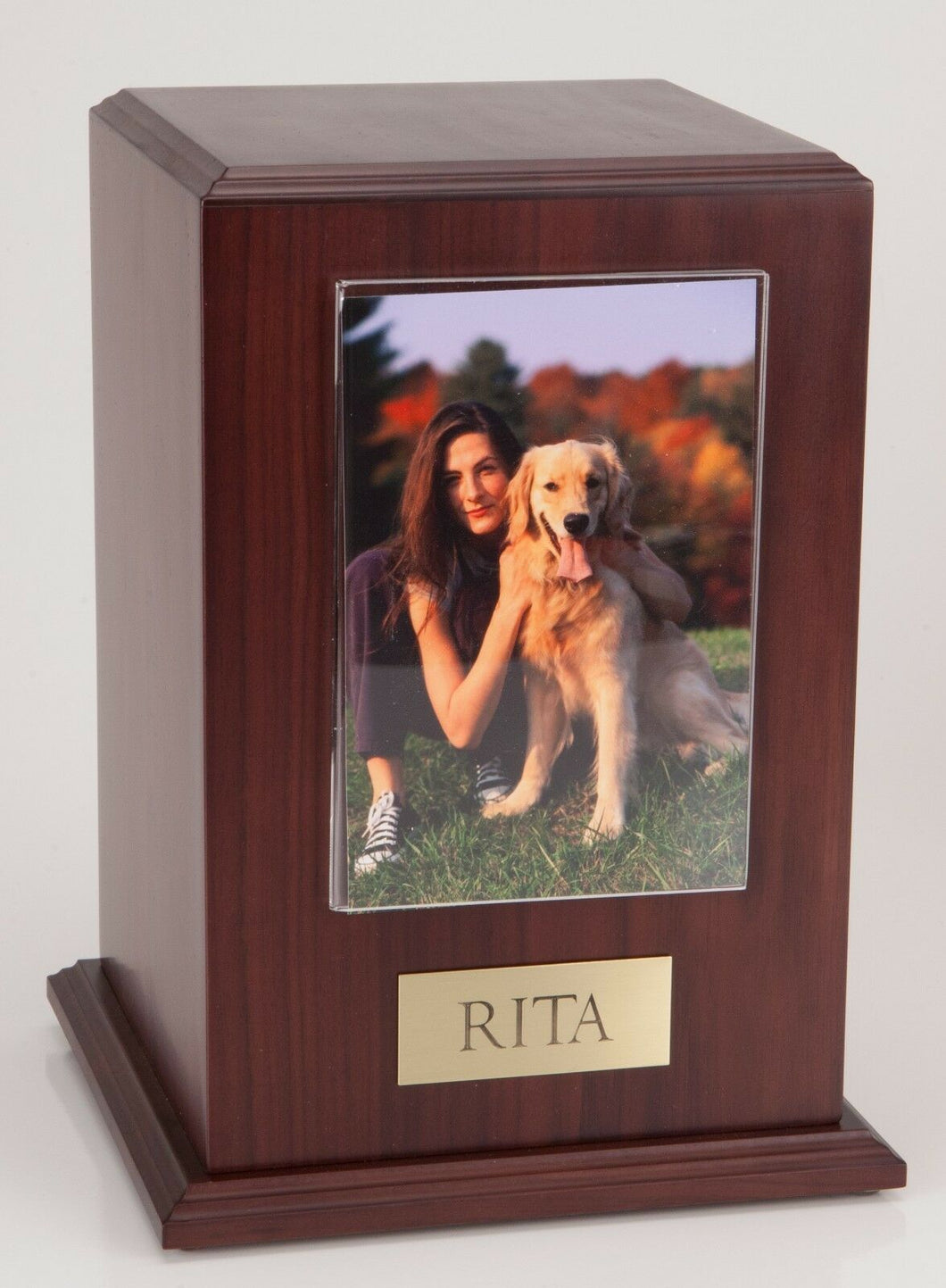 Large 110 Cubic Ins Walnut Pet Tower Photo Urn for Ashes w/Engravable Nameplate