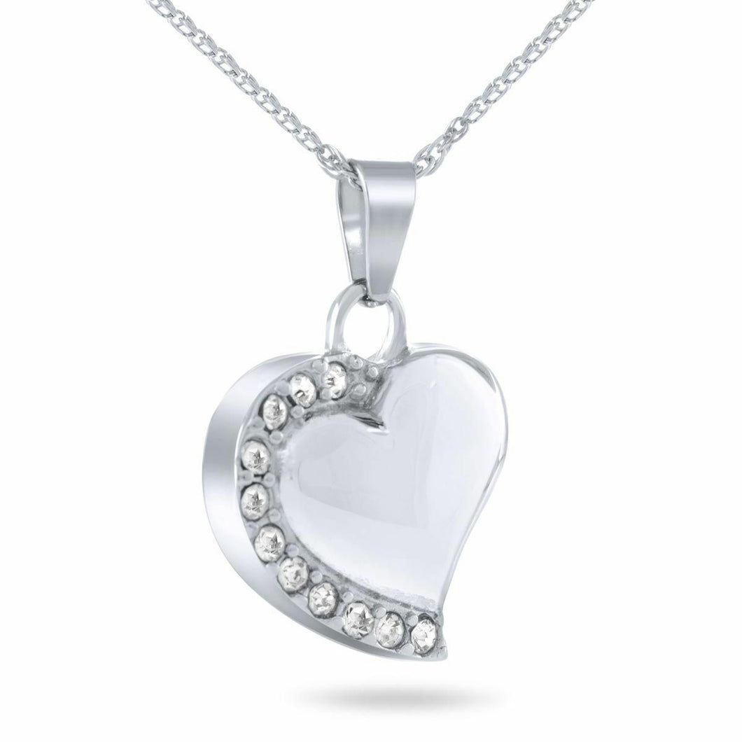 Half Crystal  Heart Stainless Steel Pendant/Necklace Cremation Urn for Ashes