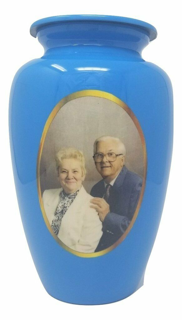 Large/Adult 200 Cubic Inch Alloy Custom Photo Funeral Cremation Urn - Blue