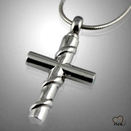 Stainless Steel Cross with Silver Wire Funeral Cremation Urn Memorial Pendant