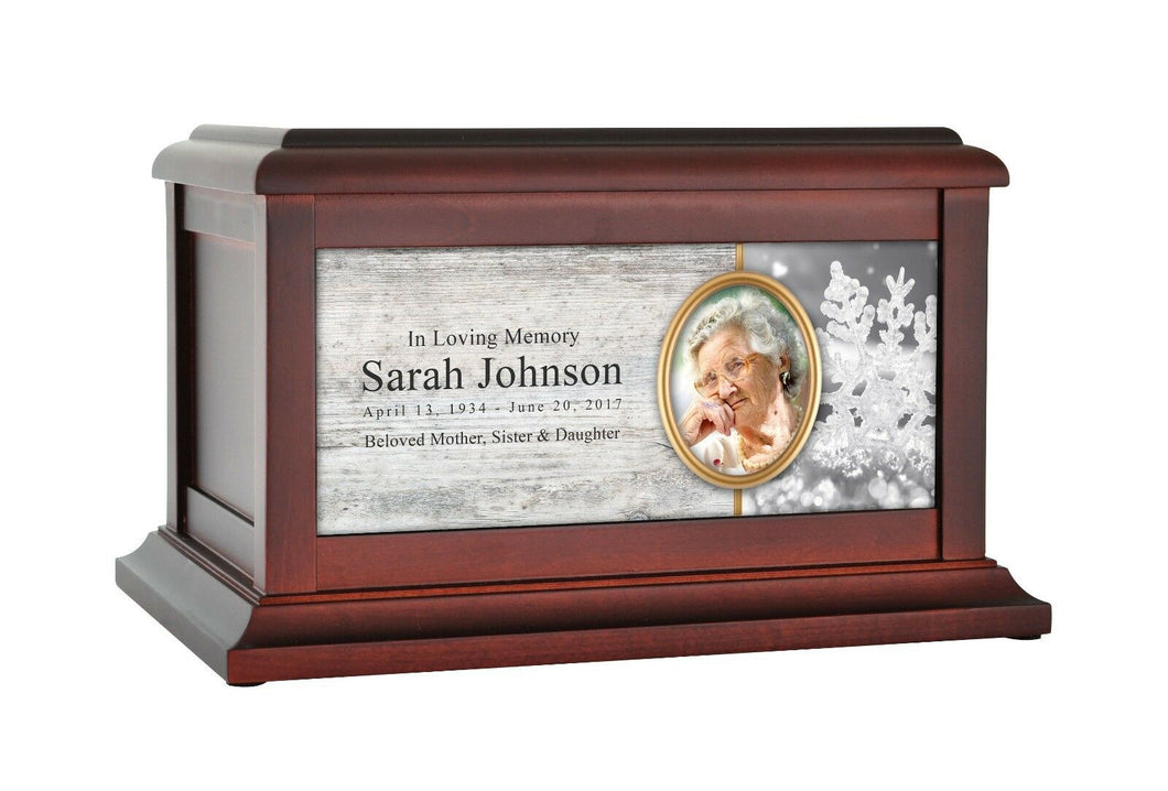 Large/Adult 200 Cubic Inch Snowflake Wood Photo Funeral Cremation Urn for Ashes