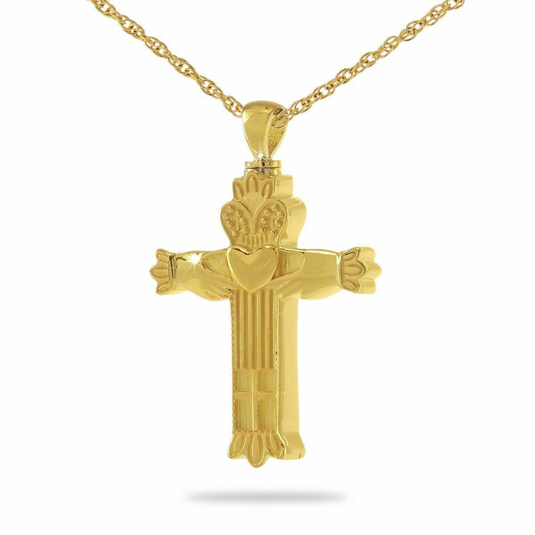 14K Solid Gold Claddagh Cross Pendant/Necklace Funeral Cremation Urn for Ashes