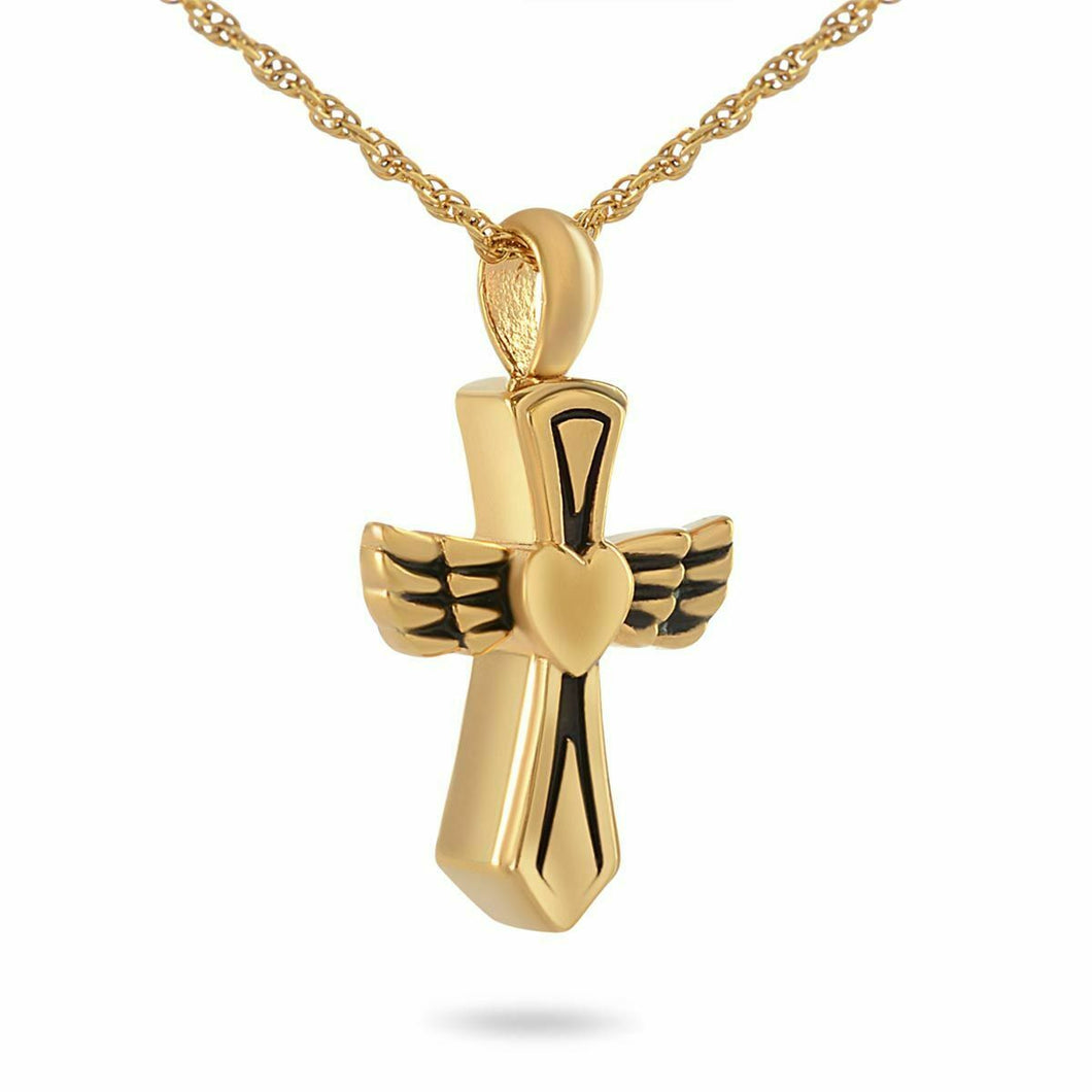 10K Solid Gold Winged Cross Pendant/Necklace Funeral Cremation Urn for Ashes