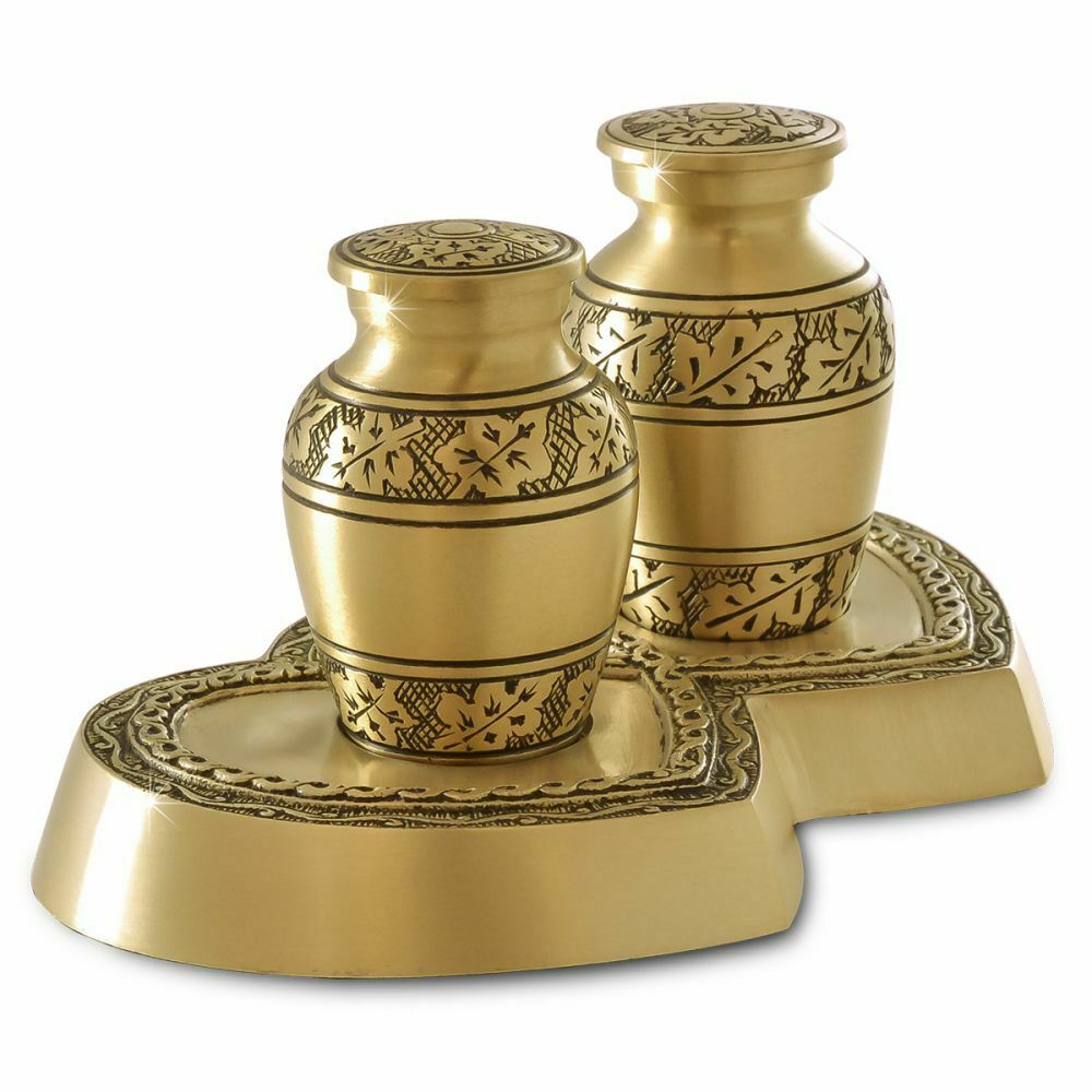 2 Small/Keepsake 5 Cubic Inch Brass Funeral Cremation Urns on Brass Heart Base