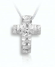Load image into Gallery viewer, Sterling Silver Flowers &amp; Band Cross Funeral Cremation Urn Pendant with Chain

