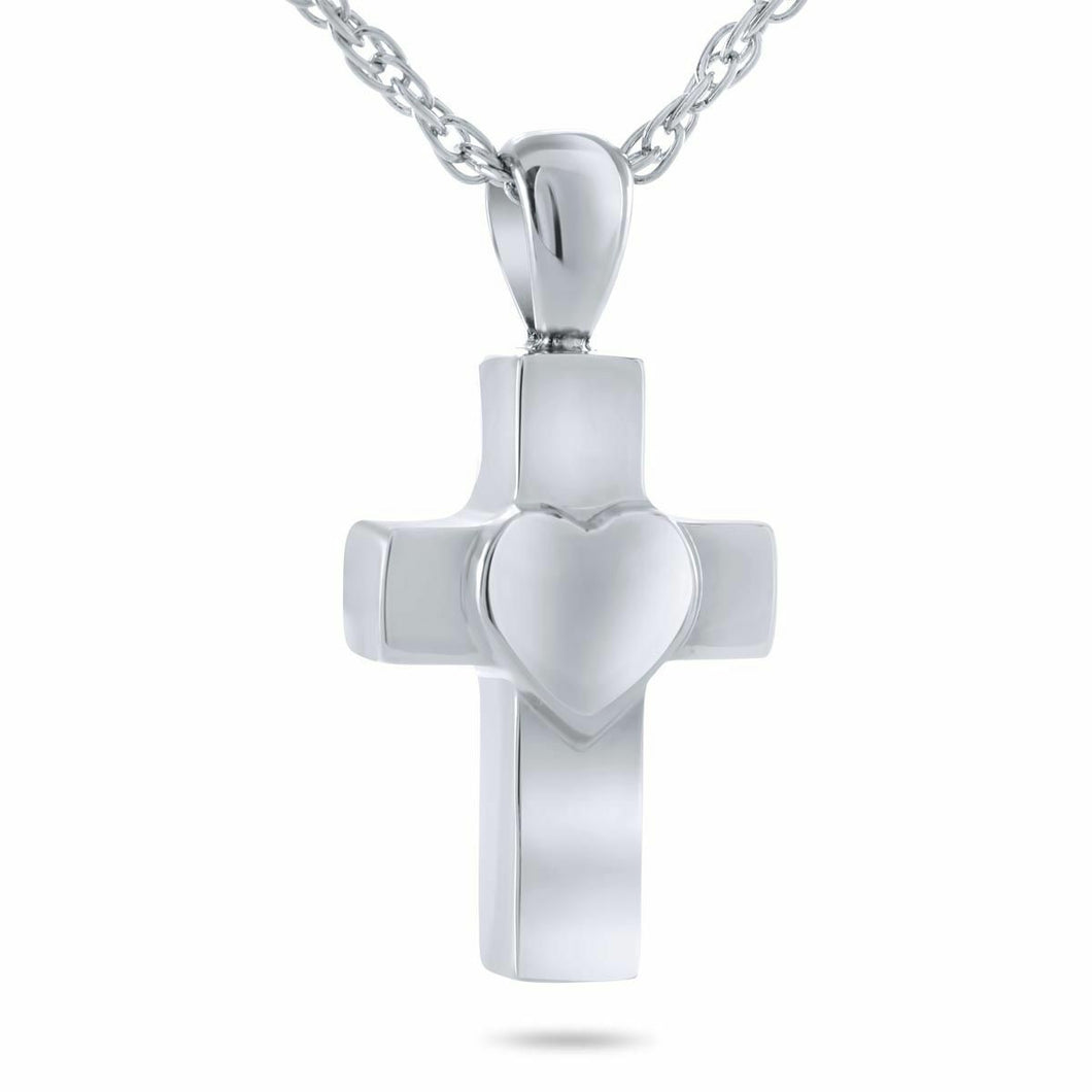 Sterling Silver Heart on Cross Pendant/Necklace Funeral Cremation Urn for Ashes