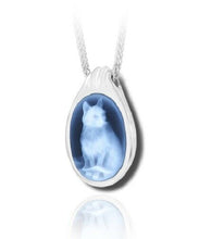 Load image into Gallery viewer, Sterling Silver &amp; Blue Agate Cat Cameo Funeral Cremation Urn Pendant w/Chain
