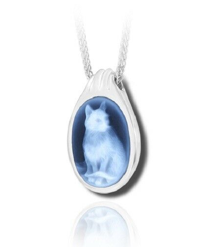 Sterling Silver & Blue Agate Cat Cameo Funeral Cremation Urn Pendant w/Chain