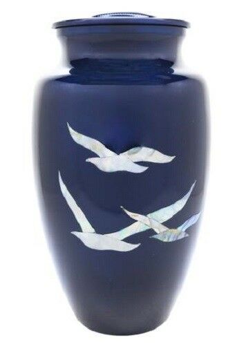 Small/Keepsake 3 Cubic Inch Mother of Pearl Flying Doves Aluminum Cremation Urn