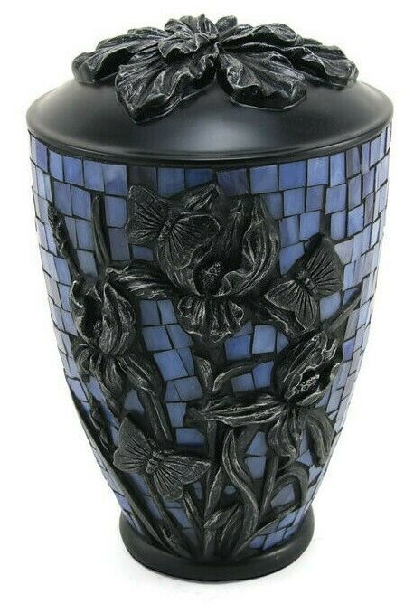 Large/Adult 200 Cubic In Blue Mosaic Iris Glass Funeral Cremation Urn for Ashes