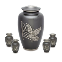 Load image into Gallery viewer, Set of Gray Brass American Flag &amp; Eagle Cremation Urns - Adult &amp; 4 Keepsakes
