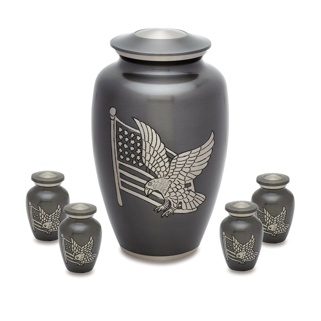 Set of Gray Brass American Flag & Eagle Cremation Urns - Adult & 4 Keepsakes