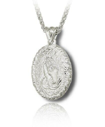 Sterling Silver Praying Hands Oval Funeral Cremation Urn Pendant for w/Chain