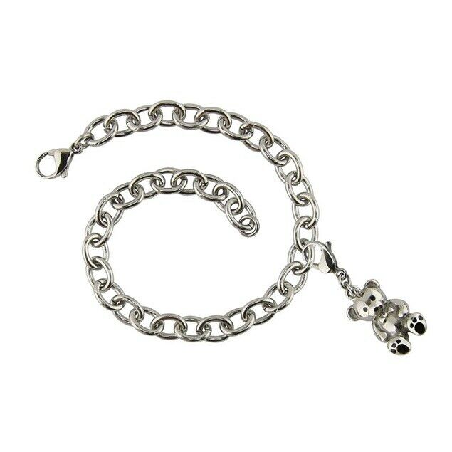 Stainless Steel Bracelet with Teddy Bear Charm Funeral Cremation Jewelry