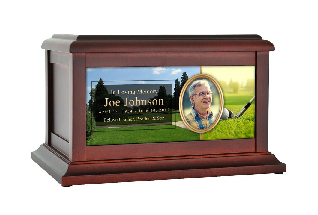 Large/Adult 200 Cubic Inches Golf Ball & Club Wood Photo Cremation Urn for Ashes