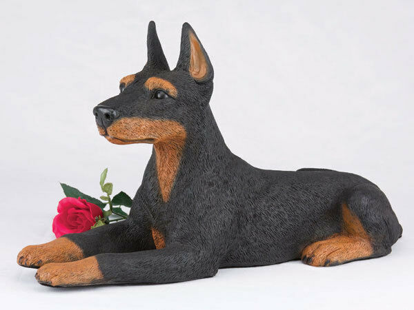 Large 261 Cubic Ins Black & Tan Doberman Pinscher Resin Urn for Ashes, Ears Up