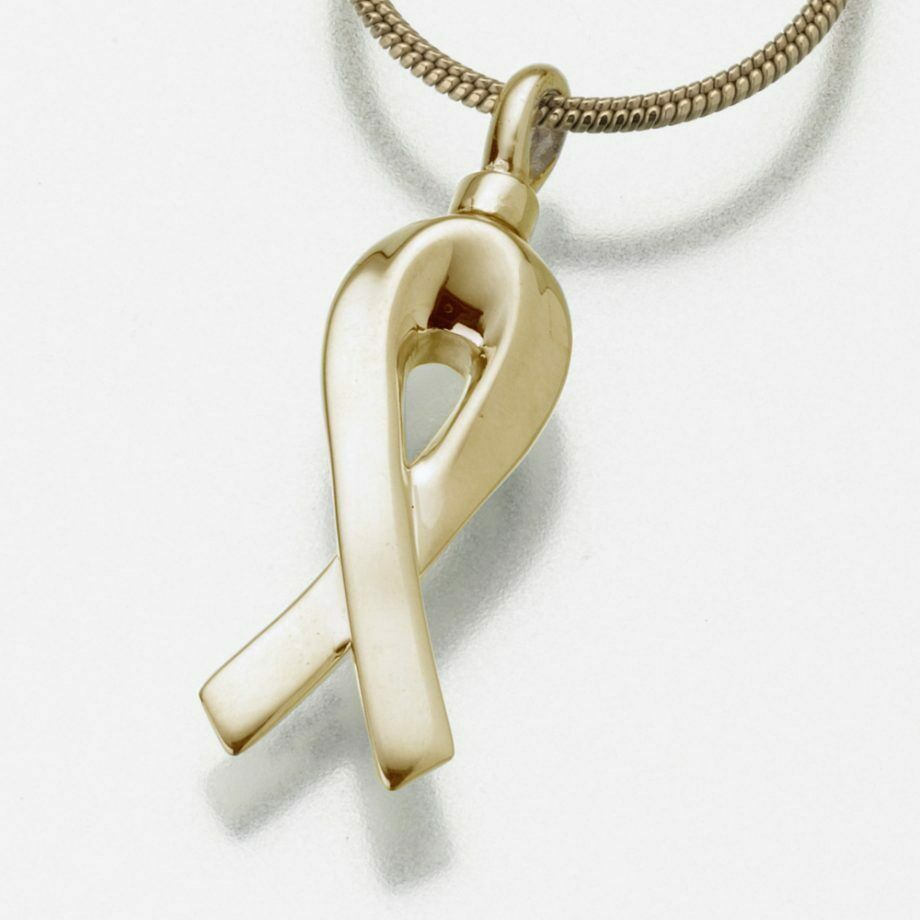 Gold Vermeil Remembrance Ribbon Memorial Jewelry Pendant Funeral Cremation Urn